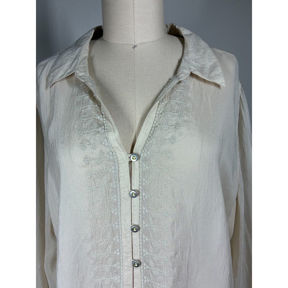 J Jill Uncommon Threads Semi Sheer Crinkled Blouse Tunic Top Large Beige Fairy - Picture 4 of 16